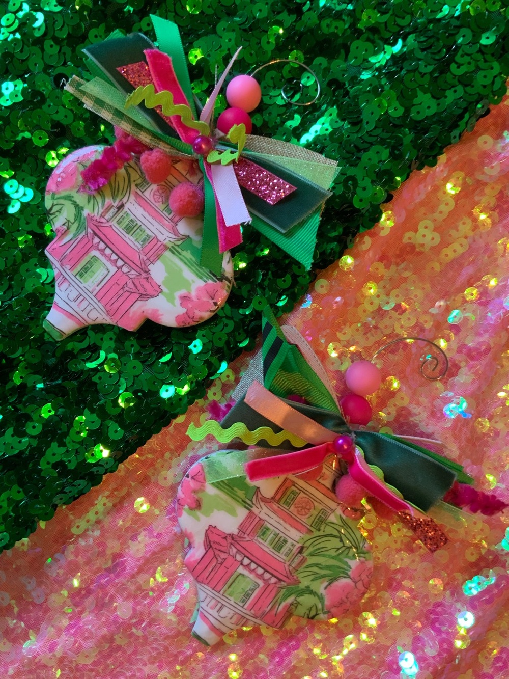 Pink and Green Chinoserie Themed Hanging Ornaments